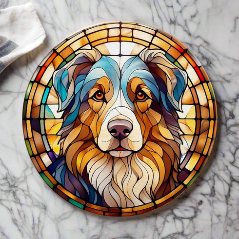 Australian Shepherd Circular Glass Suncatcher Worktop Saver
